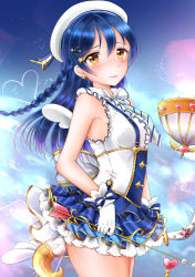 Rule 34 | 1girl, absurdres, arrow (projectile), blue hair, bow (weapon), braid, commentary request, cowboy shot, earrings, gloves, hair between eyes, hair ornament, hairclip, hat, heart, highres, holding, holding arrow, holding bow (weapon), holding weapon, jewelry, long hair, looking at viewer, love live!, love live! school idol festival, love live! school idol festival all stars, love live! school idol project, necktie, rin5325, skirt, sleeveless, solo, sonoda umi, weapon, white gloves, wings, yellow eyes
