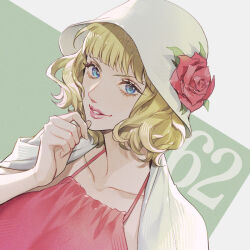Rule 34 | 1girl, blonde hair, blue eyes, blunt bangs, cardigan, commentary, dress, flower, flower in hat, green background, hat, numbered, one piece, pink dress, pink lips, red flower, red rose, rose, short hair, smile, solo, stussy (one piece), upper body, white cardigan, yoshicha