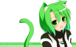 Rule 34 | 1girl, ahoge, animal ears, blush, borrowed character, cat ears, cat tail, close-up, fang, green eyes, green hair, happy birthday, highres, matching hair/eyes, open mouth, original, scarf, short hair, simple background, solo, syroh, tail, upper body