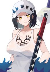 Rule 34 | 1girl, absurdres, arm tattoo, bare arms, bare shoulders, black hair, blue feathers, breast tattoo, breasts, chest tattoo, cleavage, closed mouth, collar, covered erect nipples, feather boa, feathers, frown, fur hat, genderswap, genderswap (mtf), hat, head tilt, highres, holding, holding sword, holding weapon, jaguar print, jolly roger, large breasts, looking at viewer, one piece, polka dot, see-through, see-through shirt, short hair, simple background, sleeveless, solo, sori 6403, sword, tank top, tattoo, trafalgar law, tsurime, upper body, weapon, white background, yellow eyes