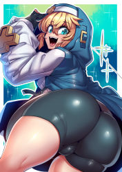 Rule 34 | 1boy, ass, bike shorts, black gloves, black shorts, blonde hair, blue background, blue eyes, blue hoodie, border, bridget (guilty gear), bulge, cowboy shot, fingerless gloves, from behind, gloves, gradient background, guilty gear, guilty gear strive, hair between eyes, highres, hood, hoodie, long sleeves, looking at viewer, looking back, male focus, open mouth, shiny clothes, shiny skin, shorts, smile, solo, teeth, thighs, tongue, trap, tukiwani, upper teeth only, white border