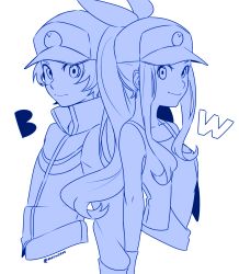Rule 34 | 1boy, 1girl, baseball cap, breasts, closed mouth, commentary request, creatures (company), game freak, hat, high ponytail, highres, hilbert (pokemon), hilda (pokemon), jacket, long hair, looking at viewer, motu0505, nintendo, pokemon, pokemon bw, simple background, smile, vest, white background