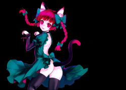 Rule 34 | 1girl, adapted costume, animal ears, ass, back, back cutout, black background, black thighhighs, bow, braid, cat ears, cat tail, choker, clothing cutout, dress, fixed, frills, green dress, hair bow, hair ornament, highres, itou life, jpeg artifacts, kaenbyou rin, long hair, long sleeves, looking at viewer, looking back, no panties, non-web source, open mouth, paw pose, puffy sleeves, red eyes, red hair, scan, simple background, smile, solo, tail, textless version, thighhighs, touhou, twin braids