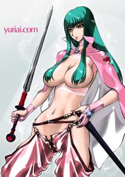 Rule 34 | 1girl, breasts, green hair, highres, large breasts, long hair, solo, sword, weapon, yuri ai