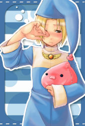 Rule 34 | 1boy, :3, acolyte (ragnarok online), aikawa yuzuki, alternate color, blonde hair, blue hat, brown eyes, cassock, closed mouth, commentary request, cowboy shot, expressionless, hat, long sleeves, looking at viewer, lowres, male focus, nightcap, poring, ragnarok online, short hair, sleepy, solo, squeans, stuffed slime, stuffed toy