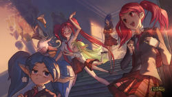 Rule 34 | 5girls, alternate costume, alternate hairstyle, animal, backpack, bag, blue hair, blush, book, bow, closed eyes, green hair, hair ornament, highres, janna (league of legends), jinx (league of legends), league of legends, lulu (league of legends), lux (league of legends), multiple girls, necktie, official art, open mouth, pix (league of legends), plaid, plaid skirt, pointy ears, poppy (league of legends), red eyes, red hair, school uniform, skirt, stairs, star guardian (league of legends), star guardian janna, star guardian jinx, star guardian lulu, star guardian lux, star guardian poppy, twintails, yordle