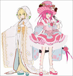 Rule 34 | 2girls, adapted costume, ahoge, alternate costume, aqua footwear, blue eyes, corset, elizabeth bathory (fate), elizabeth bathory (fate/extra ccc), elizabeth bathory (third ascension) (fate), fate/extra, fate/extra ccc, fate/grand order, fate (series), flower, gloves, gradient kimono, green eyes, hakusai (tiahszld), hat, high heels, holding, holding microphone, japanese clothes, kimono, lace, lace-trimmed kimono, lace trim, layered skirt, long hair, long sleeves, microphone, multiple girls, nero claudius (bride) (fate), nero claudius (fate), nero claudius (fate) (all), obi, obijime, okobo, pink flower, pink footwear, pink hair, pink rose, rose, sandals, sash, shiromuku, shoes, skirt, striped clothes, striped headwear, tabi, top hat, two side up, uchikake, very long hair, white gloves, white kimono, white legwear, wide sleeves, yellow sash