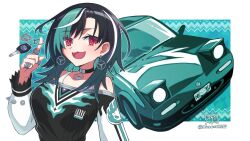 1girl :3 black_hair black_jacket border car charm_(object) choker earrings eyelashes fang flow_glow_(hololive) hibun_tsukasa hololive jacket jewelry key long_sleeves looking_at_viewer motor_vehicle multicolored_hair open_mouth red_eyes rindo_chihaya ring solo streaked_hair tank_top virtual_youtuber white_border white_tank_top