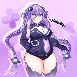 Rule 34 | 1girl, blue eyes, blush, braid, breasts, hair ornament, large breasts, long hair, neptune (series), orristerioso, plump, purple hair, purple heart (neptunia), solo, symbol-shaped pupils, thick thighs, thighhighs, thighs, very long hair