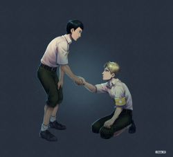 Rule 34 | 2boys, bertolt hoover, blonde hair, brown eyes, brown hair, child, eye contact, full body, green shorts, holding hands, highres, leaning forward, looking at another, male focus, mappo m2, military, military uniform, multiple boys, paradis military uniform, reiner braun, shingeki no kyojin, short hair, short sleeves, shorts, spoilers, standing, uniform, aged down