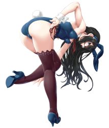 Rule 34 | 1girl, animal ears, ass, bare shoulders, bent over, black hair, blue eyes, blue footwear, blue leotard, blush, breasts, dd (ijigendd), detached collar, fake animal ears, full body, glasses, hairband, high heels, highres, kantai collection, leotard, long hair, looking at viewer, medium breasts, necktie, ooyodo (kancolle), open mouth, playboy bunny, rabbit ears, rabbit tail, red necktie, red thighhighs, semi-rimless eyewear, side-tie leotard, simple background, solo, tail, thighhighs, thighs, white background, wrist cuffs
