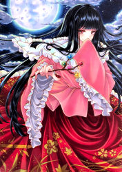 Rule 34 | 1girl, bamboo print, black hair, blunt bangs, blush, branch, cloud, cloudy sky, commentary request, covering own mouth, eyelashes, feet out of frame, floating hair, floral print, frilled shirt collar, frills, full moon, hand up, highres, holding, holding branch, houraisan kaguya, long hair, looking at viewer, marker (medium), mktr (princess mktr), moon, night, night sky, pink shirt, red eyes, red skirt, shirt, skirt, sky, sleeves past fingers, sleeves past wrists, solo, standing, star (sky), starry sky, touhou, traditional media, very long hair, wide sleeves