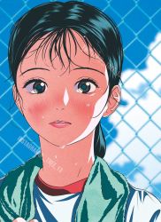 Rule 34 | 1girl, black hair, blue sky, blurry, blurry background, blush, brown eyes, cloud, cloudy sky, fence, highres, long hair, looking at viewer, original, parted lips, ponytail, portrait, shirt, sky, solo, towel, tree 13, white shirt