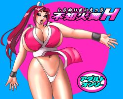Rule 34 | 1girl, breasts, brown hair, fatal fury, fingerless gloves, gloves, hairband, high ponytail, huge breasts, jyubei, the king of fighters, lowres, navel, panties, ponytail, purple eyes, shiranui mai, snk, the king of fighters, thighs, underwear
