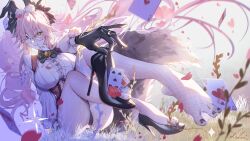 Rule 34 | absurdres, animal ear fluff, animal ears, barefoot, between toes, black bow, black gloves, bow, breasts, buttons, card, coattails, corset, fate/grand order, fate (series), fox girl, fox tail, glasses, gloves, grass, high heels, highres, koyanskaya (assassin) (second ascension) (fate), koyanskaya (fate), kurisu illusiae, large breasts, mouth hold, pantyhose, patent heels, petals, pink hair, playing card, pumps, rabbit ears, red soles, rose petals, shoes, single barefoot, smile, stiletto heels, tail, tamamo (fate), teeth hold, toes, underbust, white pantyhose, yellow eyes