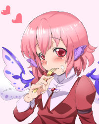 Rule 34 | 1girl, alternate costume, animal ears, blush, eating, face, female focus, food, food on face, fork, haruichi (komikal), heart, holding, holding fork, mystia lorelei, no headwear, pink hair, red eyes, simple background, solo, touhou, wings