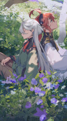 Rule 34 | 2girls, ahoge, back-to-back, blue flower, closed eyes, closed mouth, commentary request, day, field, flower, flower field, grass, grey hair, grey jacket, gundam, gundam suisei no majo, hair between eyes, highres, jacket, long hair, long sleeves, low ponytail, miorine rembran, multiple girls, nature, otuming, outdoors, puffy long sleeves, puffy sleeves, red hair, short hair with long locks, sitting, suletta mercury, thick eyebrows, white jacket