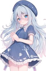 Rule 34 | 1girl, blue dress, blue eyes, blue hair, blue hat, blush, closed mouth, collared dress, commission, cowboy shot, dress, eip (pepai), frilled dress, frills, gradient hair, hair intakes, hat, highres, long hair, looking at viewer, multicolored hair, original, puffy short sleeves, puffy sleeves, short sleeves, simple background, skeb commission, solo, steepled fingers, white background