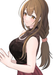 Rule 34 | 1girl, ahoge, black shirt, blush, braid, braided ponytail, breasts, brown hair, cafenami, cleavage, hand on own hip, highres, idolmaster, idolmaster shiny colors, jewelry, kuwayama chiyuki, large breasts, light smile, necklace, patterned clothing, pearl necklace, red skirt, see-through, see-through cleavage, shirt, simple background, skirt, sleeveless, sleeveless shirt, solo, white background