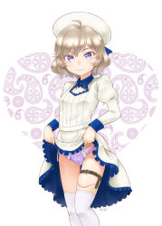 Rule 34 | 1girl, artist name, beret, blue bow, blue skirt, bow, brown hair, detached collar, dress, frilled skirt, frills, hair bow, hat, highres, iwanaga kotoko, kyokou suiri, lifted by self, long sleeves, looking at viewer, paisley, paisley panties, panties, petticoat, prosthesis, prosthetic leg, puffy long sleeves, puffy sleeves, purple eyes, purple panties, short hair, side-tie panties, skirt, smile, solo, sunsun69, thigh strap, thighhighs, underwear, white dress, white hat, white thighhighs