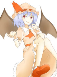 Rule 34 | 1girl, :d, bad id, bad pixiv id, bat wings, dress, fang, frilled dress, frills, hat, highres, light purple hair, mob cap, open mouth, puffy short sleeves, puffy sleeves, red eyes, remilia scarlet, short hair, short sleeves, smile, solo, subaru izumi, touhou, wings, wrist cuffs