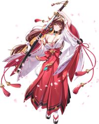 absurdres brown_hair full_body guardian_tales hakama highres holding holding_weapon japanese_clothes jewelry kimono long_hair magatama magatama_necklace necklace official_art sandals sword thighhighs weapon yellow_eyes