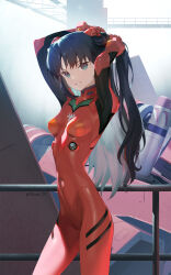 Rule 34 | 1girl, arms up, black hair, blue eyes, bodysuit, breasts, commentary, cosplay, entry plug, eva 02, evangelion (mecha), fate/stay night, fate (series), grin, head tilt, highres, interface headset, long hair, looking to the side, mecha, neon genesis evangelion, open mouth, parted bangs, pilot suit, plugsuit, red bodysuit, revision, robot, science fiction, siino, skin tight, small breasts, smile, solo, souryuu asuka langley, souryuu asuka langley (cosplay), tohsaka rin, twintails, twitter username, tying hair