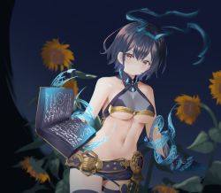 Rule 34 | 1girl, alice (sinoalice), bare arms, bare shoulders, belt, black hair, book, breasts, brown eyes, cleavage, cowboy shot, flower, grimoire, hairband, ichiyo tsuyu (glacia glagla), looking at viewer, magic, medium breasts, microskirt, midriff, navel, parted lips, revealing clothes, short hair, sinoalice, skirt, solo, standing, stomach, sunflower, thigh strap, underboob