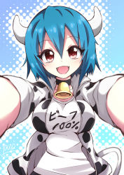 Rule 34 | 1girl, :d, absurdres, animal print, bad id, bad pixiv id, bell, blue background, blue hair, blush, breasts, choker, clothes writing, collarbone, cow print, cow tail, cowboy shot, fangs, hair between eyes, happy, highres, horns, hug, incoming hug, jashin-chan dropkick, large breasts, looking at viewer, minos (jashin-chan dropkick), neck bell, open mouth, outstretched arms, pov, pov hug, red eyes, shirt, smile, solo, standing, tail, white shirt, yuuki shushu