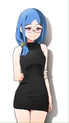 Rule 34 | 1girl, arm behind back, black dress, blue hair, breasts, dress, glasses, highres, little witch academia, looking at viewer, red eyes, seren lwa, simple background, small breasts, smile, solo, ursula callistis, white background