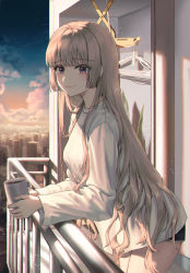 Rule 34 | 1girl, absurdres, balcony, black shorts, blurry, blurry background, blush, building, city, closed mouth, cloud, cup, dolphin shorts, expressionless, highres, holding, holding cup, jisu lee, long hair, long sleeves, looking at viewer, original, outdoors, purple eyes, railing, shirt, shorts, sky, solo, standing, sun, sunset, white hair, white shirt