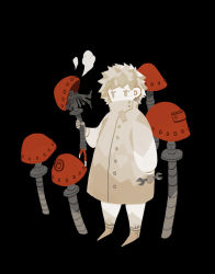 Rule 34 | 1boy, black background, buttons, covered mouth, freckles, gloves, holding, holding wrench, looking at object, mechanical parts, mechanization, mushroom, neetiska, original, short hair, spiked hair, spot color, standing, white hair, wrench