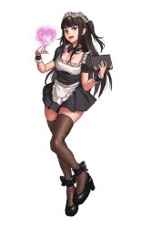 Rule 34 | 1girl, athenawyrm, black hair, black thighhighs, book, breasts, cleavage, detached collar, fire emblem, fire emblem awakening, full body, heart, highres, magic, maid, maid headdress, nintendo, solo, tharja (fire emblem), thighhighs, tiara, transparent background, two side up