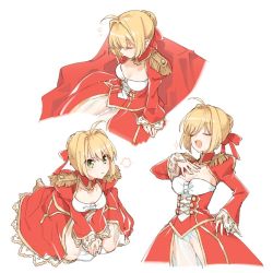 Rule 34 | &gt;:t, 10s, 1girl, :t, ahoge, blonde hair, closed eyes, fate/extra, fate (series), green eyes, hair intakes, hand on own hip, hand on own chest, multiple views, nakatani, nero claudius (fate), nero claudius (fate), nero claudius (fate/extra), open mouth, pout, seiza, simple background, sitting, sleeping, thighhighs, v-shaped eyebrows