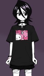 Rule 34 | 1girl, black hair, bleach, choker, clothes pull, cowboy shot, cross, female focus, goth fashion, hair between eyes, highres, jewelry, kuchiki rukia, looking to the side, medium hair, my melody, necklace, pale skin, purple background, sanrio, shirt, shirt pull, simple background, thighhighs, wristband