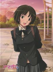 Rule 34 | 1girl, :d, absurdres, amagami, arms behind back, backpack, bag, black bow, black bowtie, black jacket, black sailor collar, blazer, bow, bowtie, brown bag, brown eyes, brown sweater vest, character name, copyright name, cover, cowboy shot, dress shirt, dvd cover, foliage, grey skirt, head tilt, highres, jacket, kibito high school uniform, lamppost, looking at viewer, messy hair, mountain, non-web source, official art, open mouth, park, pleated skirt, sailor collar, scan, school bag, school uniform, shirt, short hair, skirt, smile, solo, stone floor, sunset, sweater vest, tachibana miya, takayama kisai, teeth, translated, tree, upper teeth only, white shirt