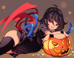 Rule 34 | 1girl, asymmetrical wings, black dress, black hair, blue wings, bow, bowtie, dress, frilled dress, frills, halloween, hip focus, houjuu nue, pointy ears, pumpkin, raptor7, red bow, red bowtie, red eyes, red wings, short dress, short hair, short sleeves, solo, thighhighs, thighs, touhou, wings, zettai ryouiki