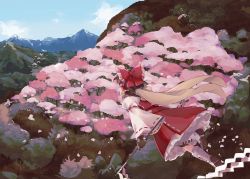 Rule 34 | 1girl, bird, boots, bow, brown hair, cherry blossoms, cloud, day, detached sleeves, facing away, flock, flying, frilled hair tubes, frills, gohei, grey scarf, hair tubes, hakurei reimu, highres, holding, holding stick, landscape, looking afar, medium hair, mountain, mountainous horizon, oito (bowstringsmall), outdoors, petals, petticoat, red bow, red skirt, red vest, ribbon-trimmed sleeves, ribbon trim, scarf, scenery, sidelocks, skirt, sky, solo, stick, touhou, tree, vest, white footwear, wide sleeves
