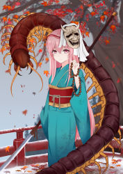 Rule 34 | absurdres, alternate costume, alternate hair length, alternate hairstyle, aqua kimono, autumn leaves, bad id, bad pixiv id, beads, blurry, bug, centipede, chinese commentary, commentary request, corrupted monk (sekiro), depth of field, expressionless, feet out of frame, floral print, hair between eyes, hata no kokoro, highres, holding, japanese clothes, kimono, leaf, long hair, looking at viewer, maple leaf, mask, mask on head, mixed-language commentary, naginata, obi, oni mask, outdoors, overcast, oversized insect, pink eyes, pink hair, polearm, prayer beads, railing, sash, sekiro: shadows die twice, sky, snow, standing, touhou, tree, very long hair, weapon, zeukiar