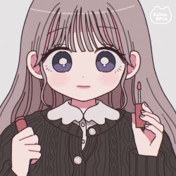 Rule 34 | 1girl, applying makeup, artist name, black cardigan, bright pupils, brown hair, cardigan, closed mouth, collared shirt, commentary, emma (kumaema), fingernails, grey background, highres, holding, lipstick, long hair, looking at viewer, makeup, original, portrait, purple eyes, shirt, solo, symbol-only commentary, white pupils, white shirt, wing collar