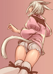 Rule 34 | 10s, 1girl, animal ears, ass, blonde hair, blush, brown eyes, cat ears, cat tail, f&#039;lhaminn, final fantasy, final fantasy xiv, from behind, looking back, miqo&#039;te, short hair, simple background, solo, tail, thighhighs, thighs, thomasz