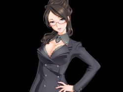 Rule 34 | 1girl, black hair, black suit, blue eyes, breasts, business suit, cleavage, detached collar, game cg, glasses, hand on own hip, large breasts, long hair, long sleeves, looking at viewer, mirai (sex life), original, parted lips, red-framed eyewear, sano toshihide, sex life, simple background, smile, solo, standing, suit, upper body