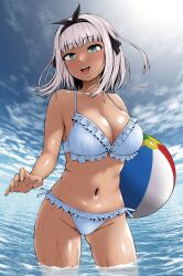 1girl ball beachball bikini black_hairband blue_bikini blue_sky breasts cleavage commentary_request cowboy_shot fisheye frilled_bikini frills green_eyes hairband highres holding holding_ball holding_beachball horizon imai_yu large_breasts looking_at_viewer medium_hair navel ocean open_mouth original sky smile solo standing stomach swimsuit tan teeth upper_teeth_only wading white_hair