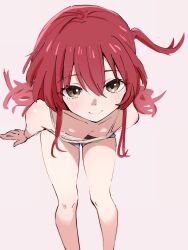 Rule 34 | 1girl, arm support, bare shoulders, bocchi the rock!, breasts, closed mouth, collarbone, from above, green eyes, hair between eyes, highres, kita ikuyo, looking at viewer, medium hair, one side up, red hair, simple background, sitting, small breasts, smile, solo, thighs, ukitaryu, white background