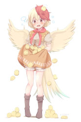 Rule 34 | 1girl, bad id, bad pixiv id, bird, bird tail, bird wings, blonde hair, bloomers, blush, boots, brown footwear, capelet, chick, clothes lift, dress, flying sweatdrops, full body, head tilt, highres, kototoki (user ysym5287), layered dress, lifted by self, looking at viewer, multicolored hair, niwatari kutaka, open mouth, puffy short sleeves, puffy sleeves, red eyes, red hair, red neckwear, scarf, short hair, short sleeves, skirt, skirt basket, skirt lift, solo, standing, tail, touhou, two-tone hair, underwear, wings