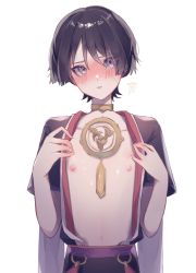 1boy absurdres black_hair blush genshin_impact highres japanese_clothes looking_at_viewer mitsudomoe_(shape) nero_hanken nipples purple_eyes scaramouche_(genshin_impact) short_hair short_sleeves tomoe_(symbol)