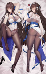 Rule 34 | 1girl, absurdres, arm up, armband, ass, bed sheet, between fingers, black footwear, blue choker, blue ribbon, blush, bodystocking, braid, braided bun, breasts, brown hair, brown pantyhose, cameltoe, chinese commentary, choker, closed mouth, clothing aside, condom, condom wrapper, crotch seam, dakimakura (medium), dress, durex, earrings, floral print, flower, framed breasts, from above, full body, girls&#039; frontline, girls&#039; frontline neural cloud, gloves, hair bun, hair flower, hair ornament, hair ribbon, hairband, half gloves, hand on own ass, high heels, highres, holding, holding condom, jewelry, knee up, lace, lace panties, large breasts, lips, long hair, looking at viewer, lying, multiple views, no shoes, on back, on stomach, orange eyes, panties, panties under pantyhose, pantyhose, pelvic curtain, pelvic curtain aside, ribbon, see-through, see-through sleeves, shoes, single shoe, smile, soles, spread legs, straight hair, tiankong pie ai, two-sided fabric, type 95 (girls&#039; frontline), underwear, unworn shoe, unworn shoes, white dress, white gloves, white hairband, white panties