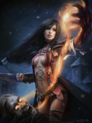 Rule 34 | 1girl, arm blade, black hair, breasts, cleavage, dennis frohlich, glowing, glowing hand, navel, realistic, short shorts, shorts, solo focus, stomach, tales of (series), tales of berseria, velvet crowe, weapon