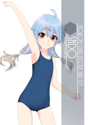 Rule 34 | 1girl, ahoge, arm up, artist name, blue hair, blue one-piece swimsuit, blush, character name, collarbone, commentary request, cowboy shot, eyes visible through hair, flat chest, gradient hair, grin, hair between eyes, highres, inaba shiki, kantai collection, long hair, looking at viewer, low twintails, multicolored hair, new school swimsuit, one-hour drawing challenge, one-piece swimsuit, red eyes, sado (kancolle), school swimsuit, simple background, smile, solo, swimsuit, twintails, white background