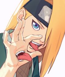 Rule 34 | 1boy, blonde hair, blue eyes, deidara (naruto), extra mouth, extra tongue, forehead protector, hair over one eye, hand mouth, headband, highres, male focus, naruto (series), naruto shippuuden, open mouth, sekisei, smile, solo, tongue, tongue out, upper body